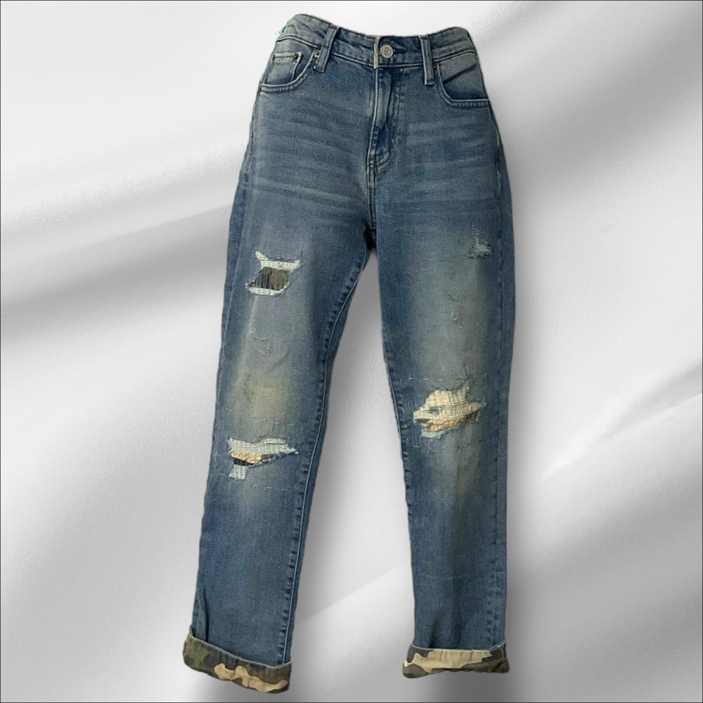 Gap1969 Blue Denim Girlfriend Jean SZ 2R Women Camo‎ Cuff Distressed Streetwear